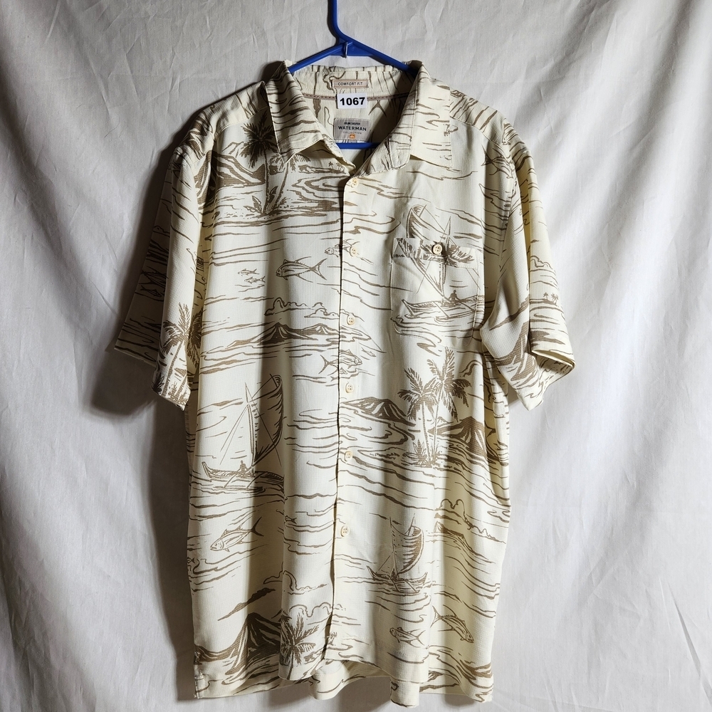 Quick Silver Waterman Men's L Cream Island Fish Boats Patterned Shirt